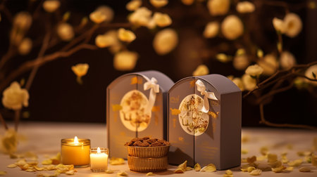 Gift boxes with cupcake and candles on the background of blooming branchesの素材