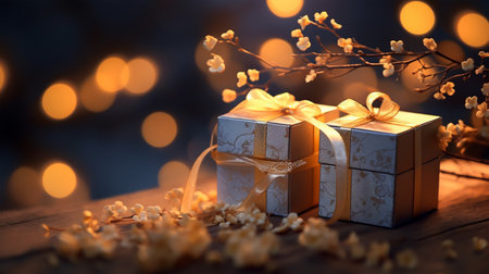 Gift boxes on wooden table with bokeh lights background.の素材