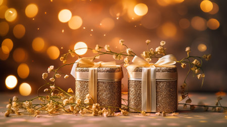 Gift boxes with gold ribbon and bow on bokeh backgroundの素材