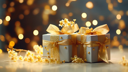 Gift boxes with golden bows on bokeh background, closeupの素材