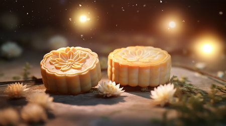Moon cake on the table with light bokeh background, vintage toneの素材