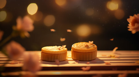 Moon cakes on wooden table with beautiful bokeh background. Chinese mid-autumn festival food.の素材