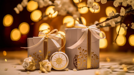 Gift boxes with ribbons on a background of bokehの素材