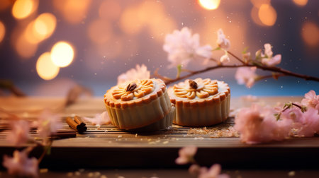Moon cake and cherry blossom on wooden table with bokeh backgroundの素材
