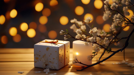 White candles with blooming branches on wooden table against blurred lights backgroundの素材