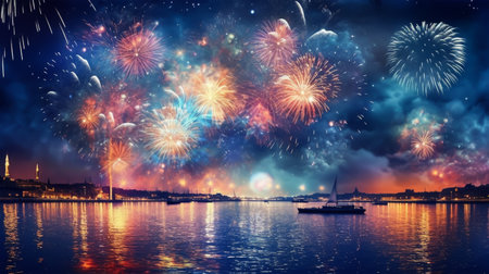 Colorful fireworks over Bosphorus Strait, Istanbul, Turkey.の素材