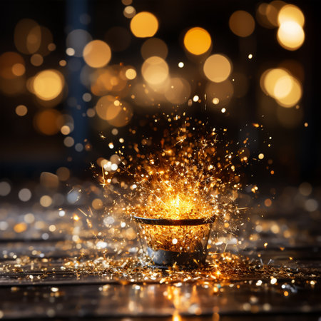Burning sparkler on a wooden table. Bokeh backgroundの素材