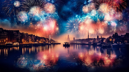 Fireworks over the old town of Gdansk, Poland.の素材