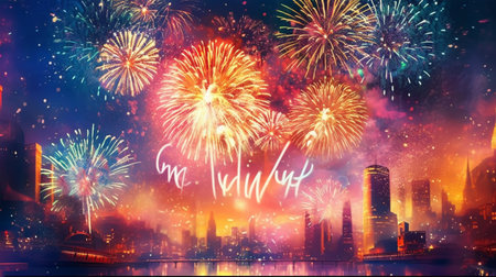 Happy New Year and Merry Christmas greeting card with fireworks and cityscapeの素材
