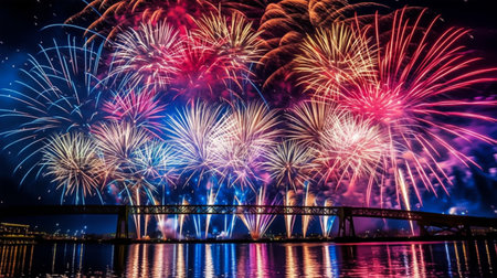 Colorful fireworks of various colors over night sky with reflection on waterの素材