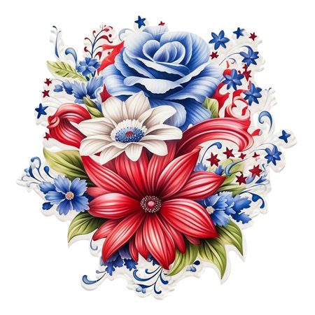 Vintage floral frame with red and blue flowers on white background.の素材
