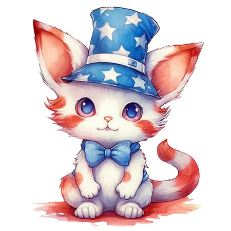 Cute cartoon kitten in a blue hat and a bow tie.の素材