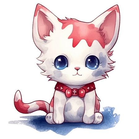 Cute cartoon cat with red bow on his neck. Vector illustration.の素材