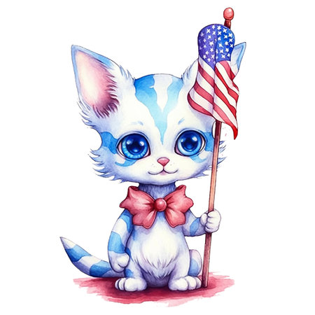 Cute cartoon kitten with American flag isolated on white background. Watercolor illustrationの素材