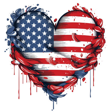 American flag in the shape of a heart with blood splashes.の素材