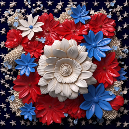 3d illustration of abstract floral background with white, red and blue flowersの素材