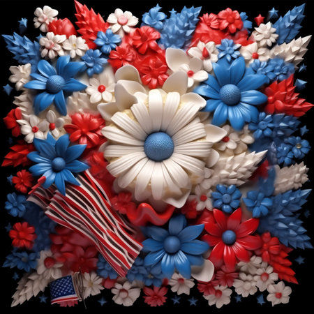 3d illustration of american flag and flower bouquet on black backgroundの素材