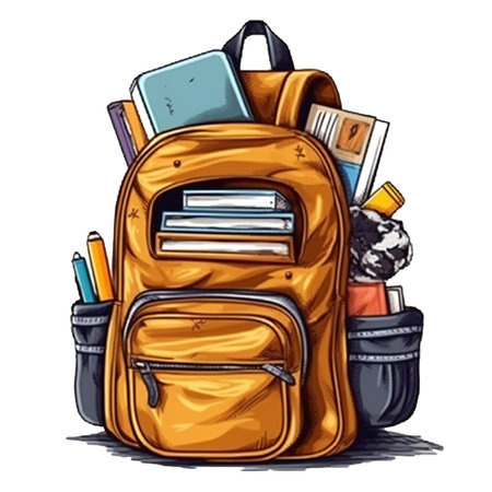 School backpack with books, pencils and notebooks. Hand drawn vector illustrationの素材