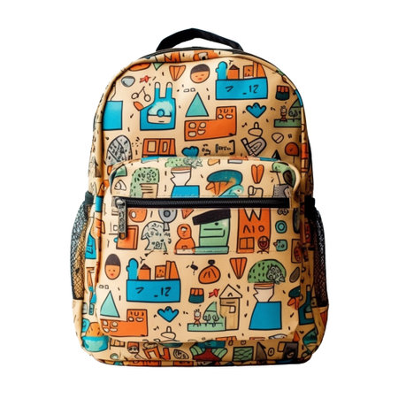 Backpack with drawings isolated on a white background. Backpack with drawingsの素材