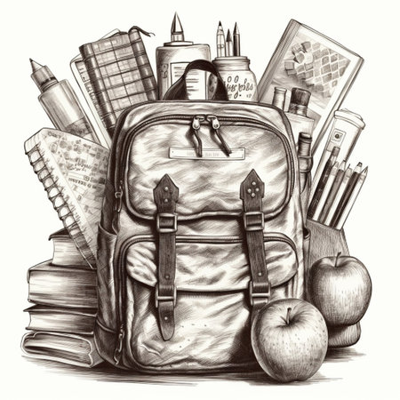 Back-to-school. School backpack, books, apple, pencils.の素材