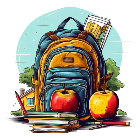 Back-to-school. School bag, apple and books. Vector illustrationの素材