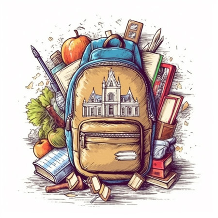 Back-to-school. School bag, books, pencils, apple, apple, backpack. Vector illustrationの素材