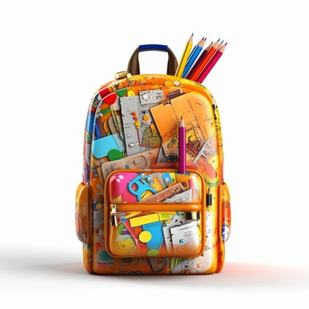 Backpack full of school supplies isolated on white background. 3d illustrationの素材