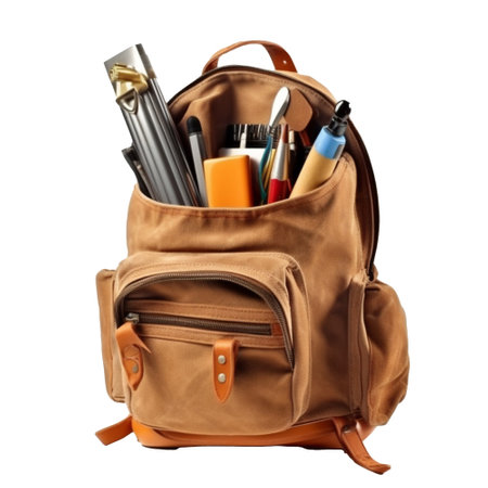 Brown backpack with stationery isolated on white background. Back-to-school conceptの素材