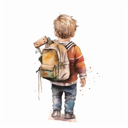 Little boy with a backpack on a white background. Watercolor illustrationの素材