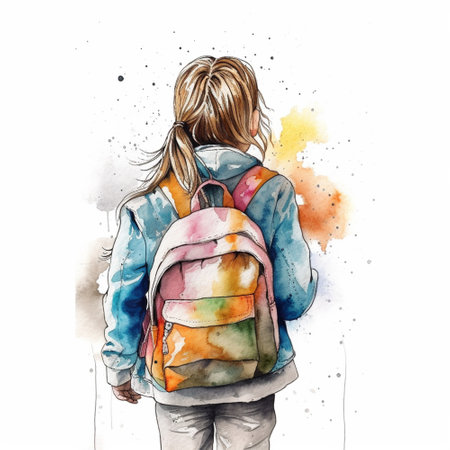 Watercolor illustration of a girl with a backpack on a white backgroundの素材