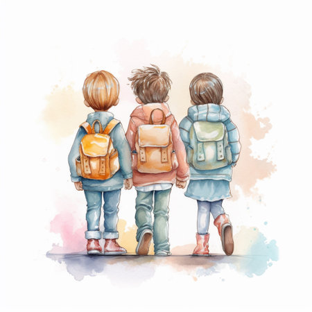Watercolor illustration of three schoolchildren with backpacks going to schoolの素材