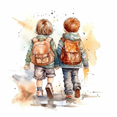 Watercolor illustration of two boys with backpacks. Back-to-school.の素材