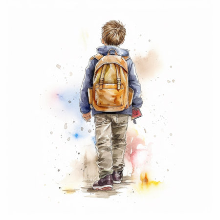 Boy with a backpack on a white background. Watercolor illustration.の素材