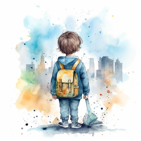 Back view of a boy with a backpack. Watercolor illustration.の素材