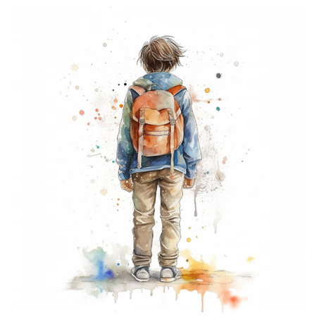Watercolor illustration of a young man with a backpack. backview.の素材