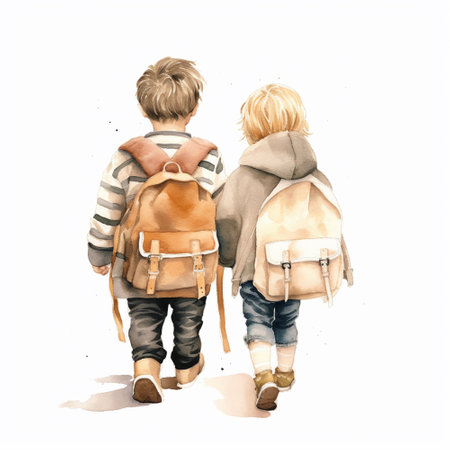 Watercolor illustration of a boy and a girl with backpacks.の素材