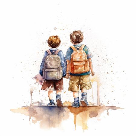 Two boys with backpacks on a white background. Watercolor illustrationの素材