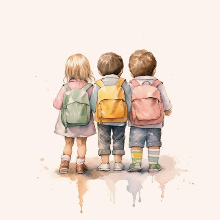 Children with backpacks. Back-to-school. Watercolor illustration.の素材