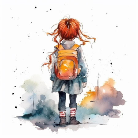 Cute red haired girl with a backpack. Watercolor illustrationの素材