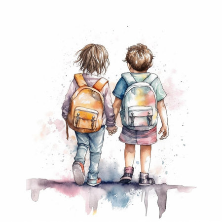 Two boys with backpacks. Watercolor illustration isolated on white backgroundの素材