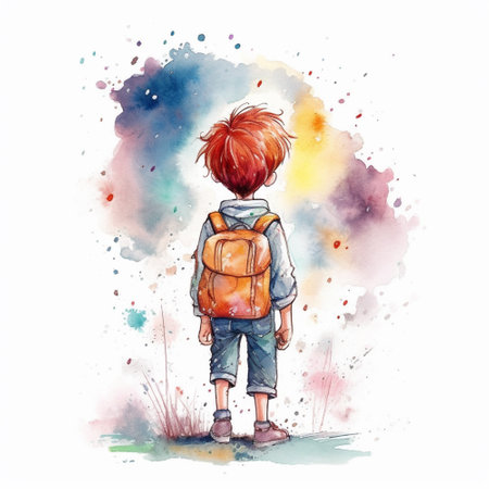 Watercolor illustration of a boy with a backpack on a white background.の素材