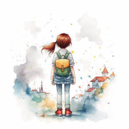 Girl with backpack on the background of the city. Watercolor illustrationの素材