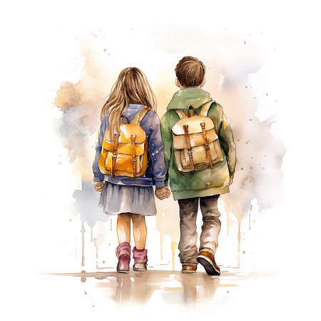 Young couple with backpacks walking in the city. Watercolor illustrationの素材