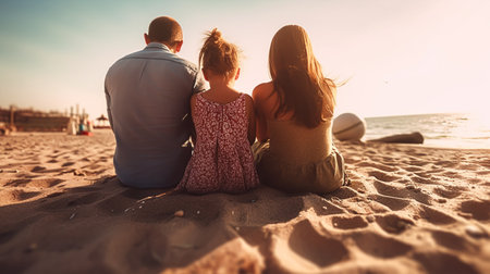 Happy family of three sitting on the beach and looking at the sunsetの素材