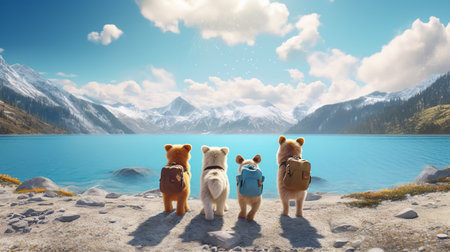 Three bears standing on the shore of a mountain lake. 3d renderingの素材