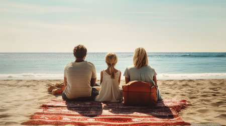 Rear view of family sitting on blanket at beach during sunny dayの素材