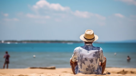 Rear view of a man in a hat sitting on the beach.の素材
