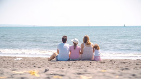 Happy family of three sitting on the beach and looking at the seaの素材