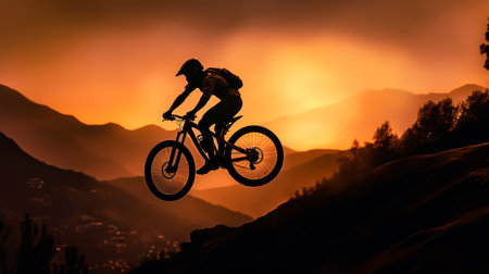 Silhouette of a mountain biker jumping over a precipiteの素材
