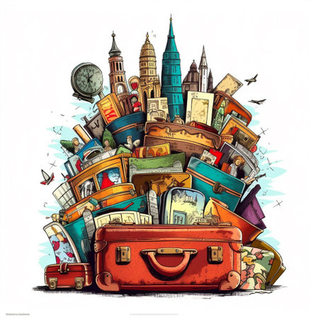 Travel around the world. Vector illustration of a suitcase full of tourist attractions.の素材